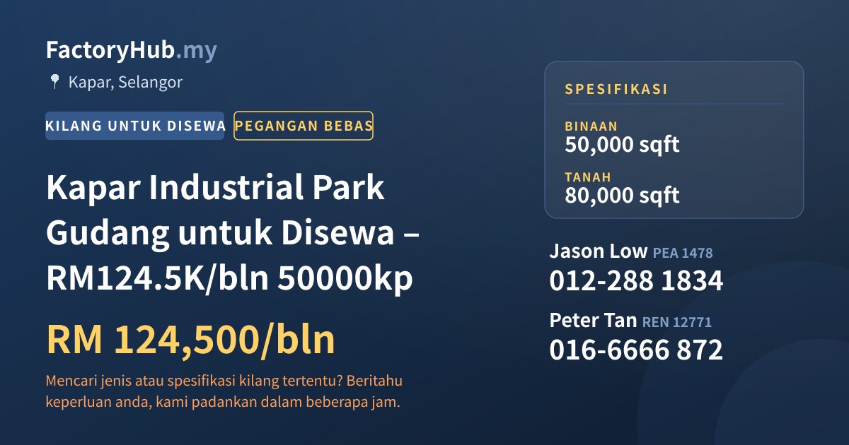 Kilang Untuk Disewa - Kapar Industrial Park Gudang untuk Disewa – RM124.5K/bln 50000kp - Kapar, Selangor