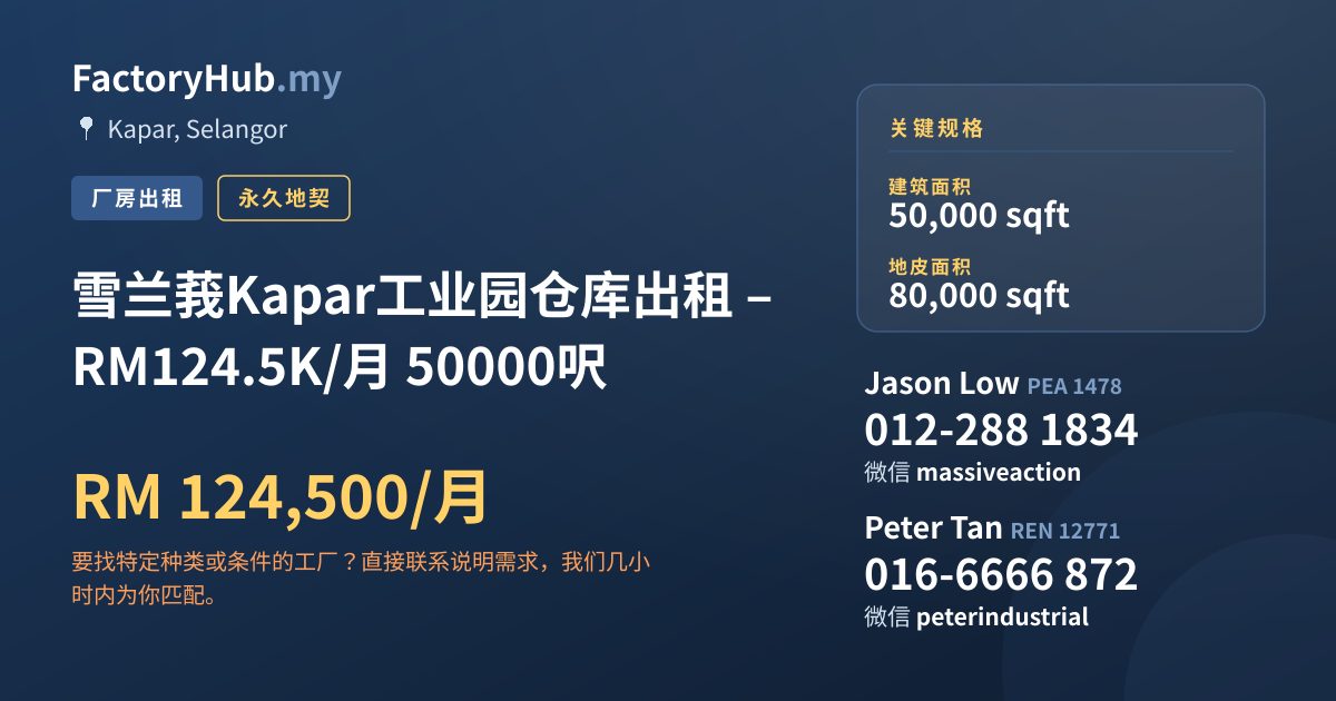 工厂 出租 - 雪兰莪Kapar工业园仓库出租 – RM124.5K/月 50000呎 - Kapar, Selangor
