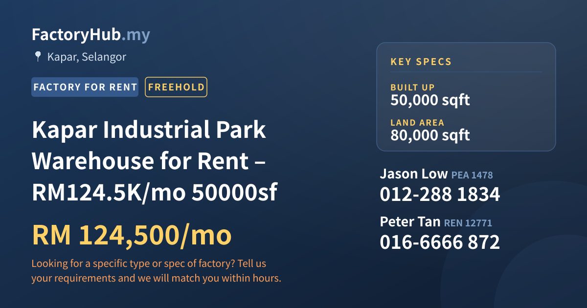 Factory For Rent - Kapar Industrial Park Warehouse for Rent – RM124.5K/mo 50000sf - Kapar, Selangor