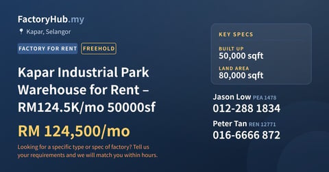 Factory For Rent - Kapar Industrial Park Warehouse for Rent – RM124.5K/mo 50000sf - Kapar, Selangor