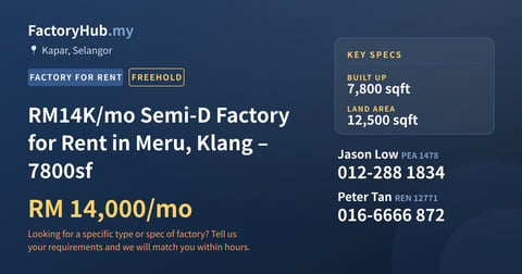 Factory For Rent - RM14K/mo Semi-D Factory for Rent in Meru, Klang – 7800sf - Kapar, Selangor