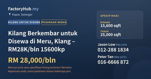 Kilang Untuk Disewa - Kilang Berkembar untuk Disewa di Meru, Klang – RM28K/bln 15600kp - Kapar, Selangor