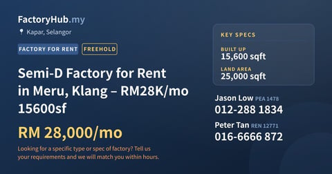 Factory For Rent - Semi-D Factory for Rent in Meru, Klang – RM28K/mo 15600sf - Kapar, Selangor