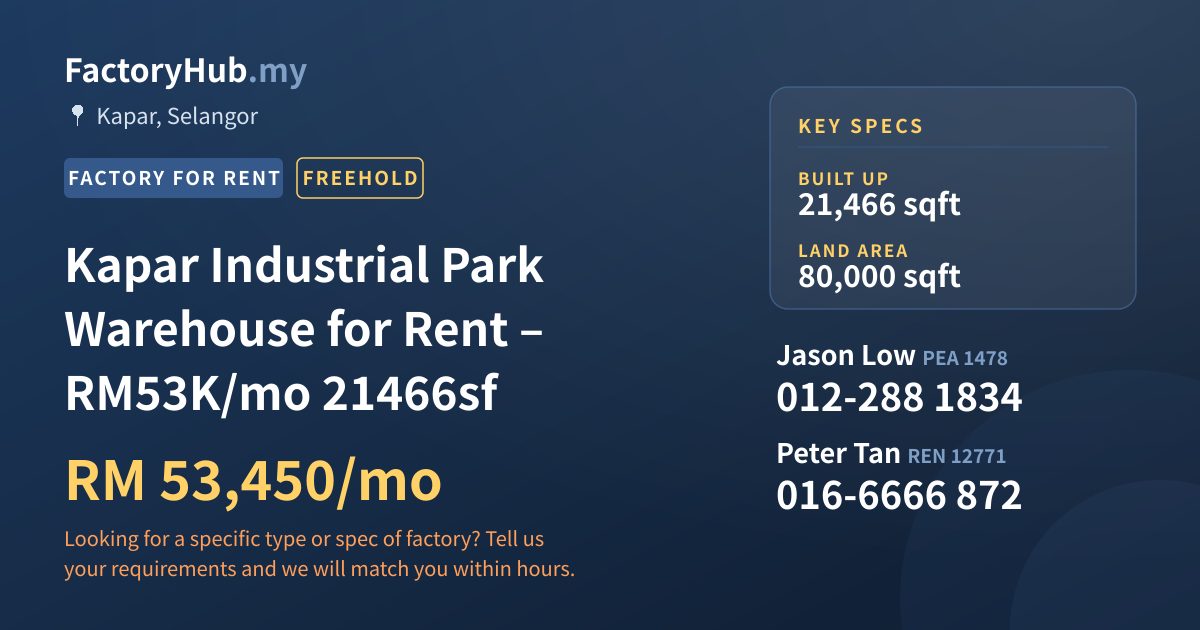 Factory For Rent - Kapar Industrial Park Warehouse for Rent – RM53K/mo 21466sf - Kapar, Selangor