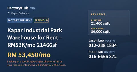 Factory For Rent - Kapar Industrial Park Warehouse for Rent – RM53K/mo 21466sf - Kapar, Selangor