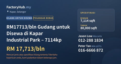 Kilang Untuk Disewa - RM17713/bln Gudang untuk Disewa di Kapar Industrial Park – 7114kp - Kapar, Selangor