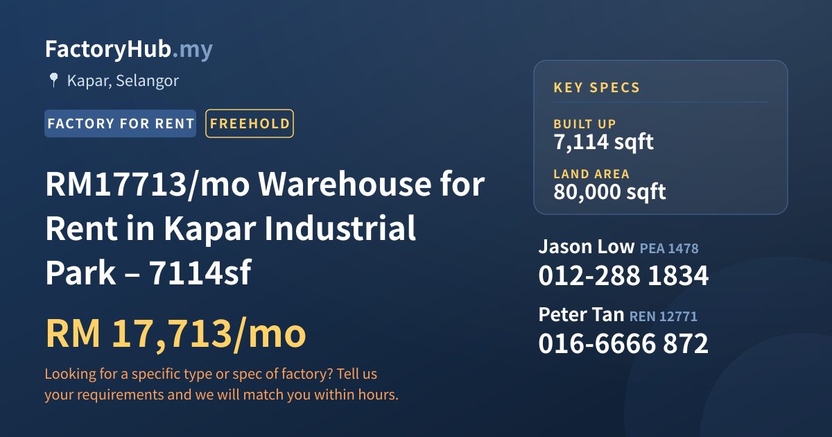 Factory For Rent - RM17713/mo Warehouse for Rent in Kapar Industrial Park – 7114sf - Kapar, Selangor