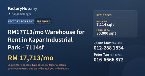 Factory For Rent - RM17713/mo Warehouse for Rent in Kapar Industrial Park – 7114sf - Kapar, Selangor