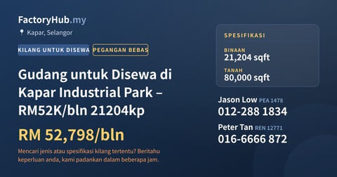 Kilang Untuk Disewa - Gudang untuk Disewa di Kapar Industrial Park – RM52K/bln 21204kp - Kapar, Selangor