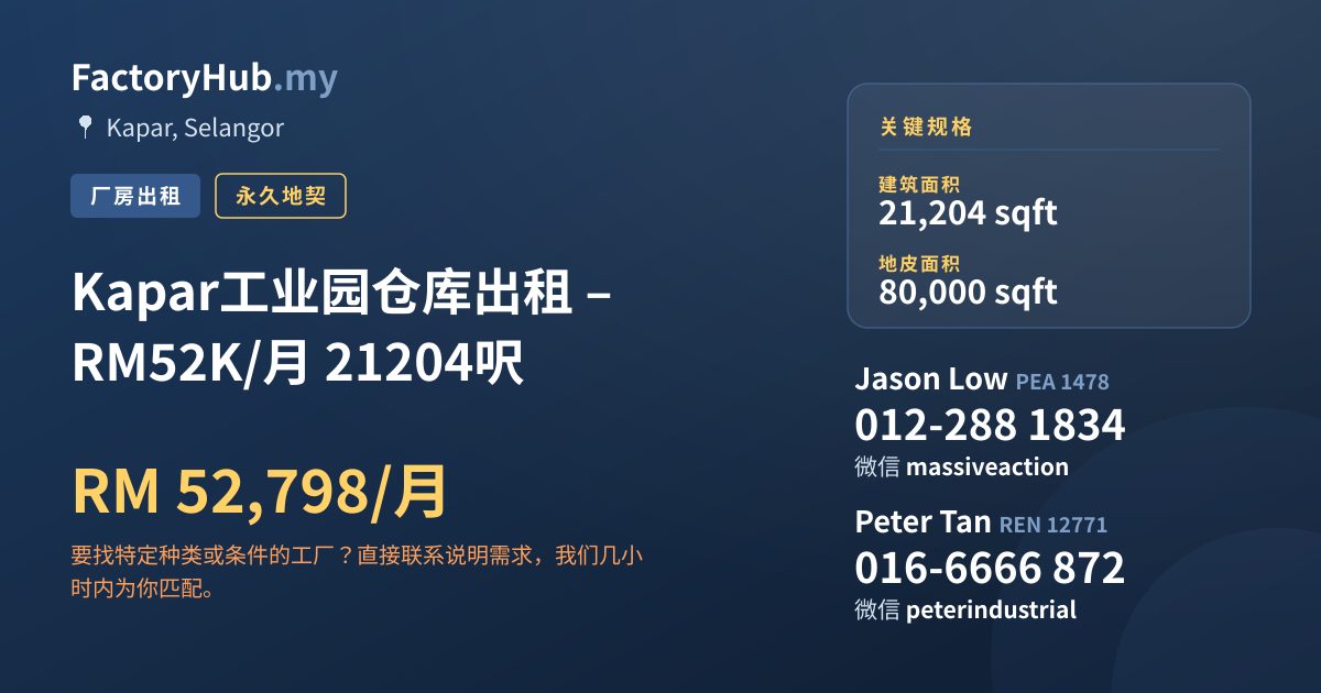 工厂 出租 - Kapar工业园仓库出租 – RM52K/月 21204呎 - Kapar, Selangor