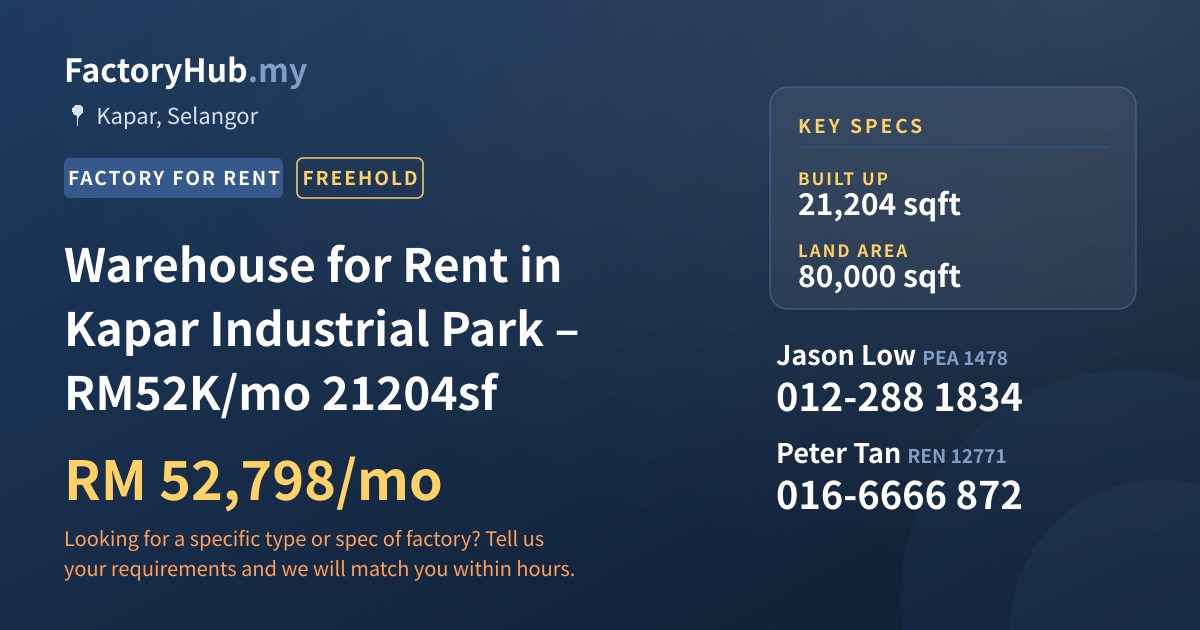 Factory For Rent - Warehouse for Rent in Kapar Industrial Park – RM52K/mo 21204sf - Kapar, Selangor