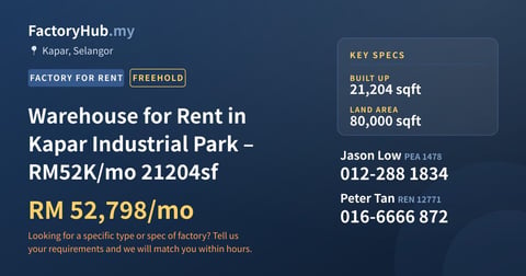Factory For Rent - Warehouse for Rent in Kapar Industrial Park – RM52K/mo 21204sf - Kapar, Selangor