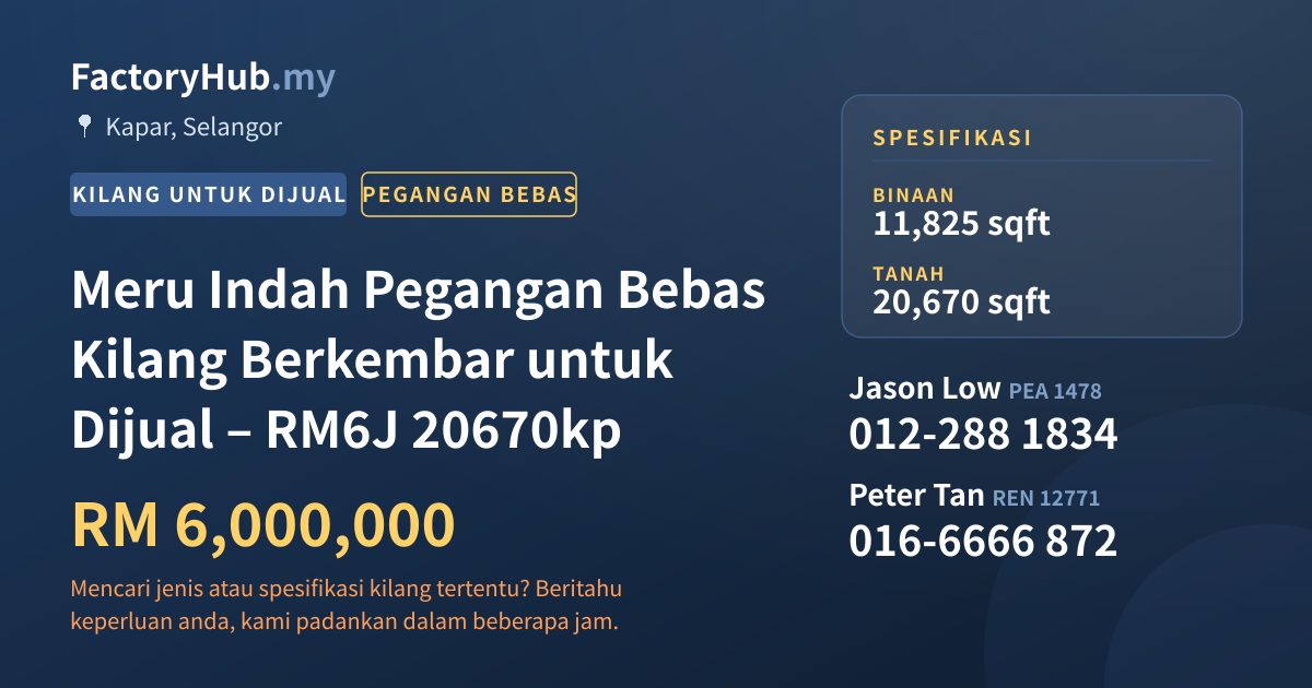 Kilang Untuk Dijual - Meru Indah Pegangan Bebas Kilang Berkembar untuk Dijual – RM6J 20670kp - Kapar, Selangor