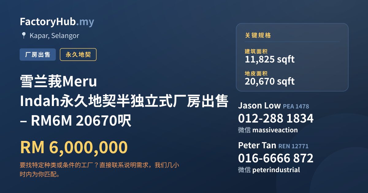 工厂 出售 - 雪兰莪Meru Indah永久地契半独立式厂房出售 – RM6M 20670呎 - Kapar, Selangor