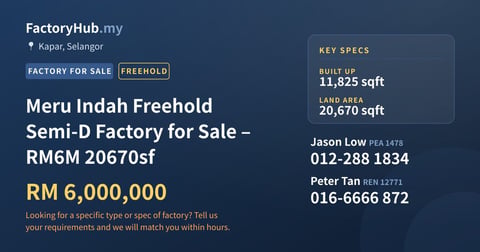 Factory For Sale - Meru Indah Freehold Semi-D Factory for Sale – RM6M 20670sf - Kapar, Selangor