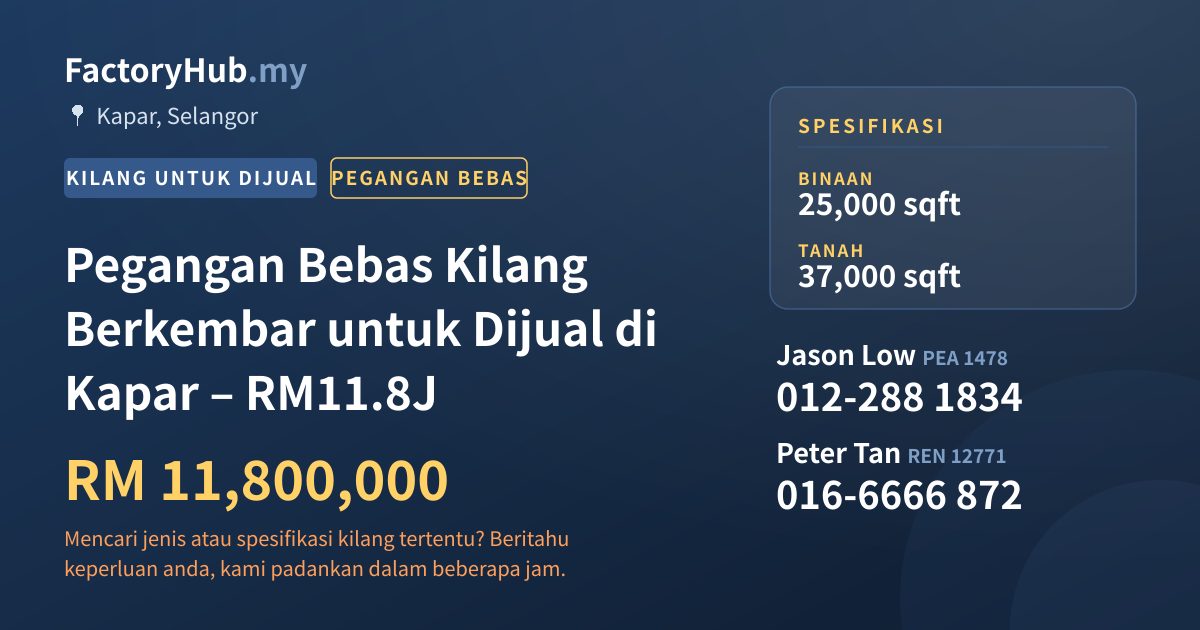 Kilang Untuk Dijual - Pegangan Bebas Kilang Berkembar untuk Dijual di Kapar – RM11.8J - Kapar, Selangor