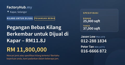 Kilang Untuk Dijual - Pegangan Bebas Kilang Berkembar untuk Dijual di Kapar – RM11.8J - Kapar, Selangor