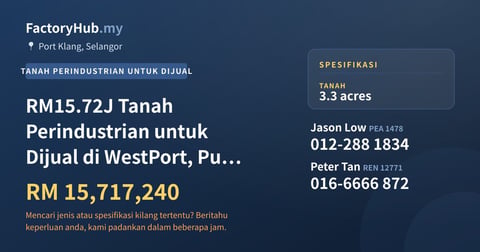 Tanah Untuk Dijual - RM15.72J Tanah Perindustrian untuk Dijual di WestPort, Pulau Indah – 143748kp - Port Klang, Selangor