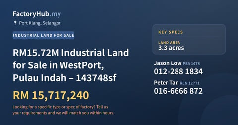 Land For Sale - RM15.72M Industrial Land for Sale in WestPort, Pulau Indah – 143748sf - Port Klang, Selangor