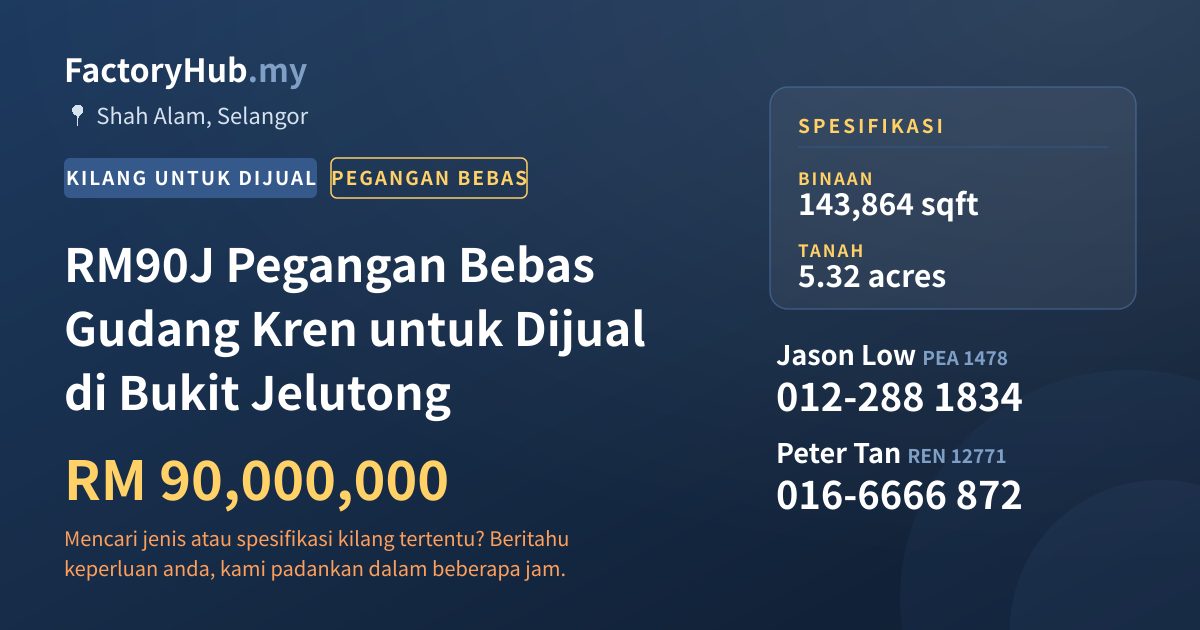 Kilang Untuk Dijual - RM90J Pegangan Bebas Gudang Kren untuk Dijual di Bukit Jelutong - Shah Alam, Selangor