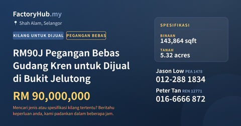 Kilang Untuk Dijual - RM90J Pegangan Bebas Gudang Kren untuk Dijual di Bukit Jelutong - Shah Alam, Selangor