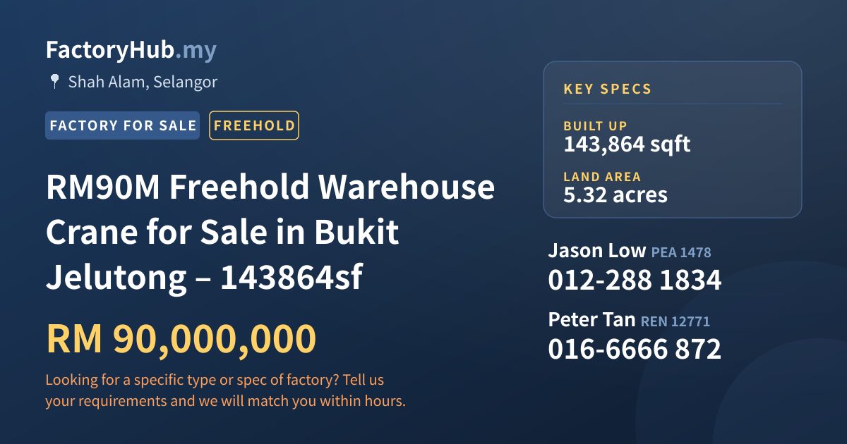 Factory For Sale - RM90M Freehold Warehouse Crane for Sale in Bukit Jelutong – 143864sf - Shah Alam, Selangor