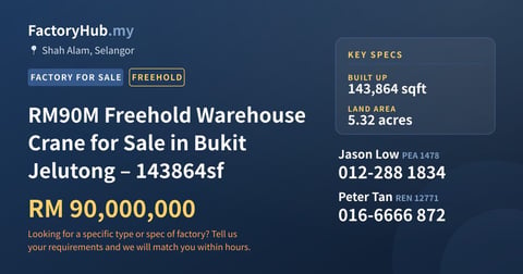 Factory For Sale - RM90M Freehold Warehouse Crane for Sale in Bukit Jelutong – 143864sf - Shah Alam, Selangor