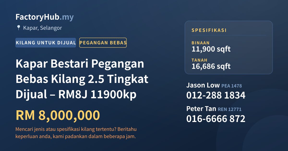 Kilang Untuk Dijual - Kapar Bestari Pegangan Bebas Kilang 2.5 Tingkat Dijual – RM8J 11900kp - Kapar, Selangor