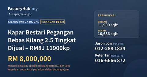 Kilang Untuk Dijual - Kapar Bestari Pegangan Bebas Kilang 2.5 Tingkat Dijual – RM8J 11900kp - Kapar, Selangor
