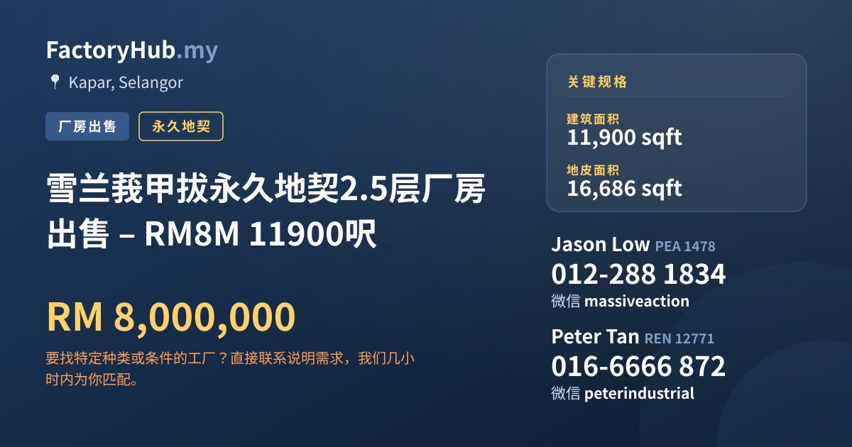工厂 出售 - 雪兰莪甲拔永久地契2.5层厂房出售 – RM8M 11900呎 - Kapar, Selangor