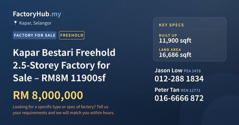 Factory For Sale - Kapar Bestari Freehold 2.5-Storey Factory for Sale – RM8M 11900sf - Kapar, Selangor