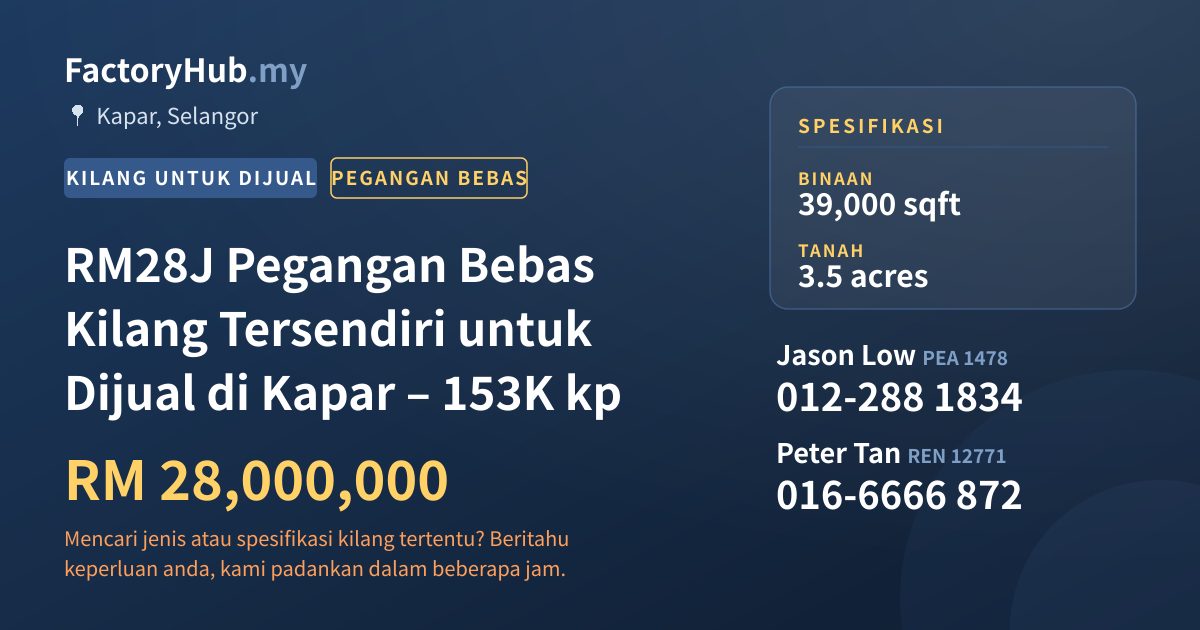 Kilang Untuk Dijual - RM28J Pegangan Bebas Kilang Tersendiri untuk Dijual di Kapar – 153K kp - Kapar, Selangor