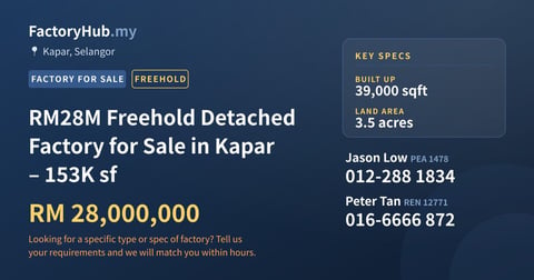 Factory For Sale - RM28M Freehold Detached Factory for Sale in Kapar – 153K sf - Kapar, Selangor
