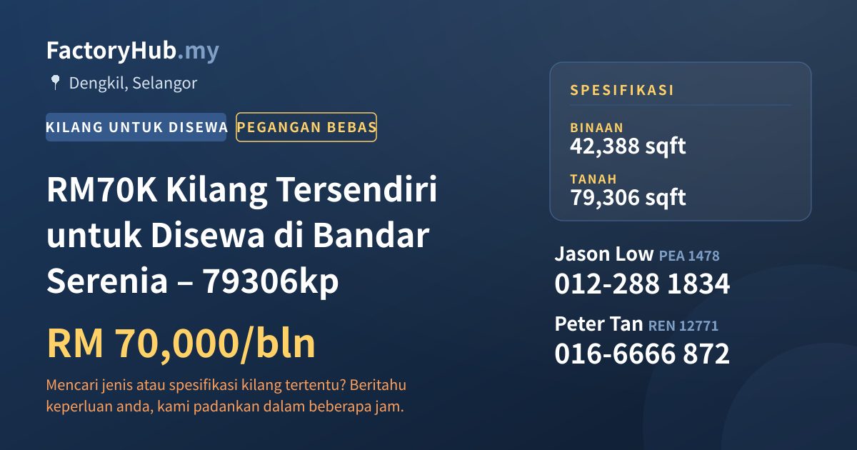 Kilang Untuk Disewa - RM70K Kilang Tersendiri untuk Disewa di Bandar Serenia – 79306kp - Dengkil, Selangor