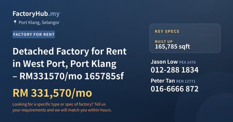 Factory For Rent - Detached Factory for Rent in West Port, Port Klang – RM331570/mo 165785sf - Port Klang, Selangor