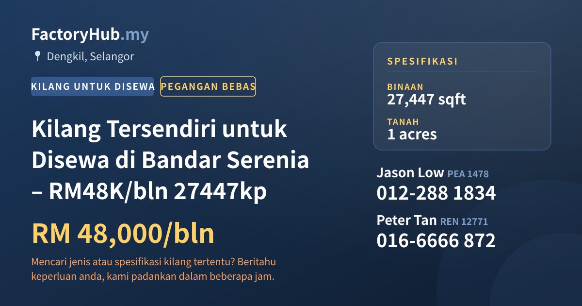 Kilang Untuk Disewa - Kilang Tersendiri untuk Disewa di Bandar Serenia – RM48K/bln 27447kp - Dengkil, Selangor
