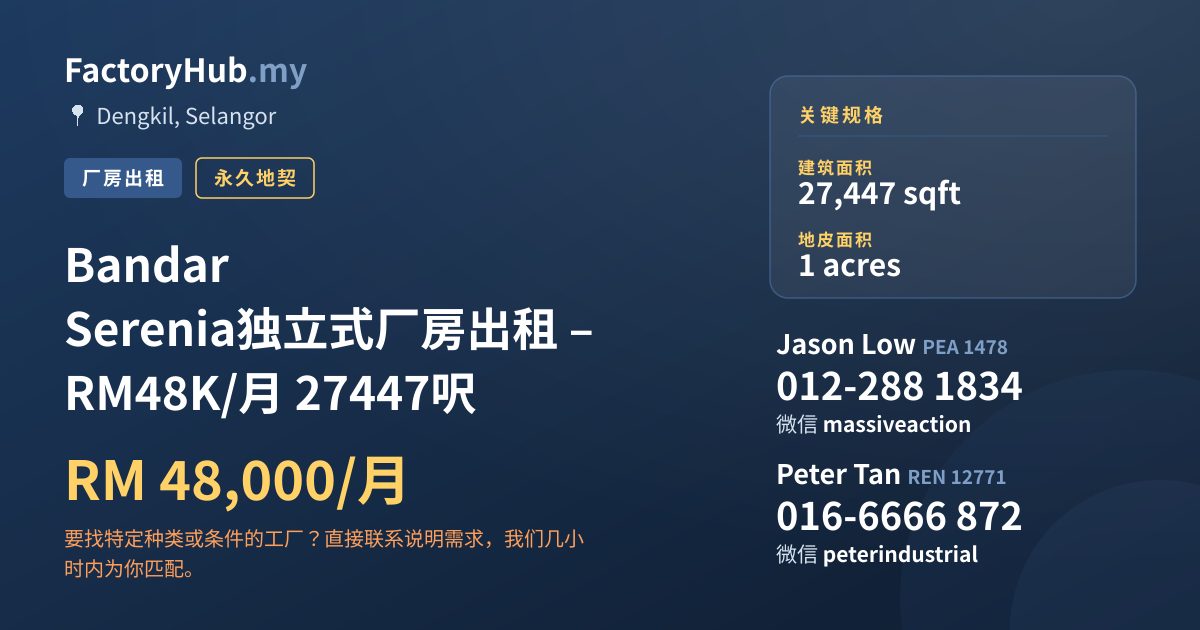工厂 出租 - Bandar Serenia独立式厂房出租 – RM48K/月 27447呎 - Dengkil, Selangor