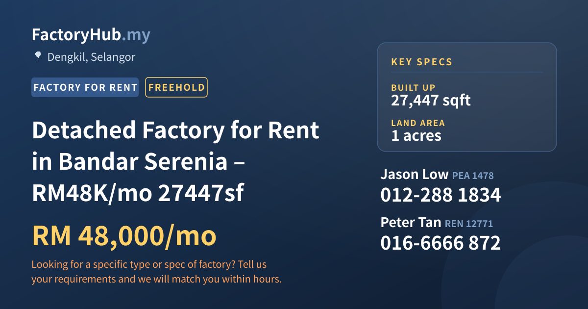 Factory For Rent - Detached Factory for Rent in Bandar Serenia – RM48K/mo 27447sf - Dengkil, Selangor