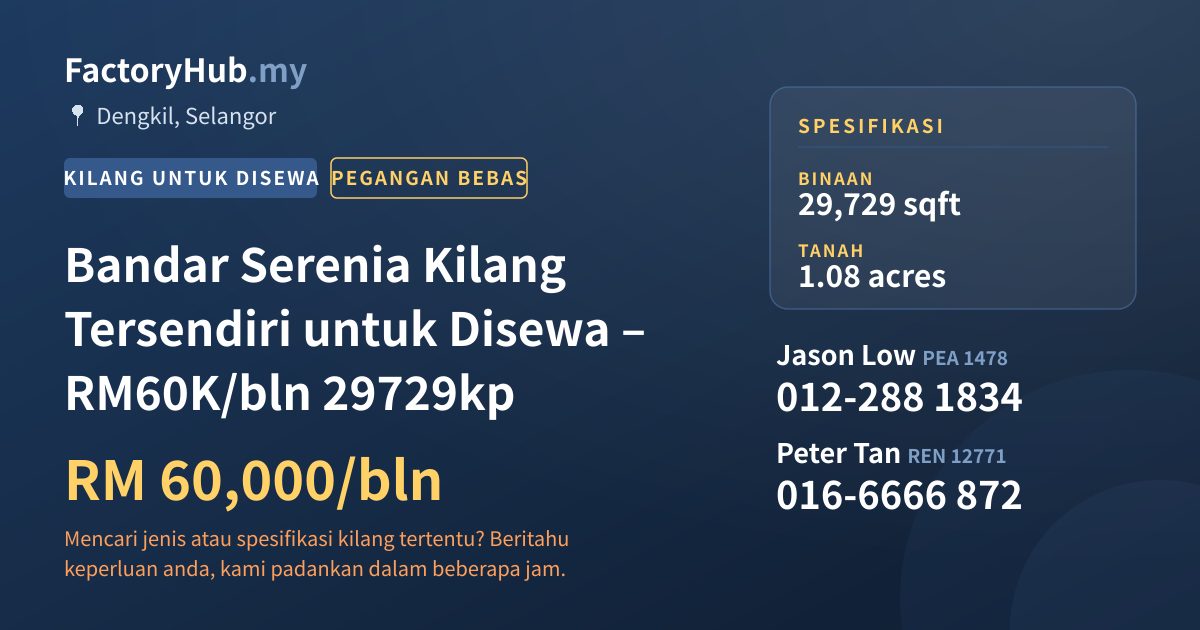 Kilang Untuk Disewa - Bandar Serenia Kilang Tersendiri untuk Disewa – RM60K/bln 29729kp - Dengkil, Selangor