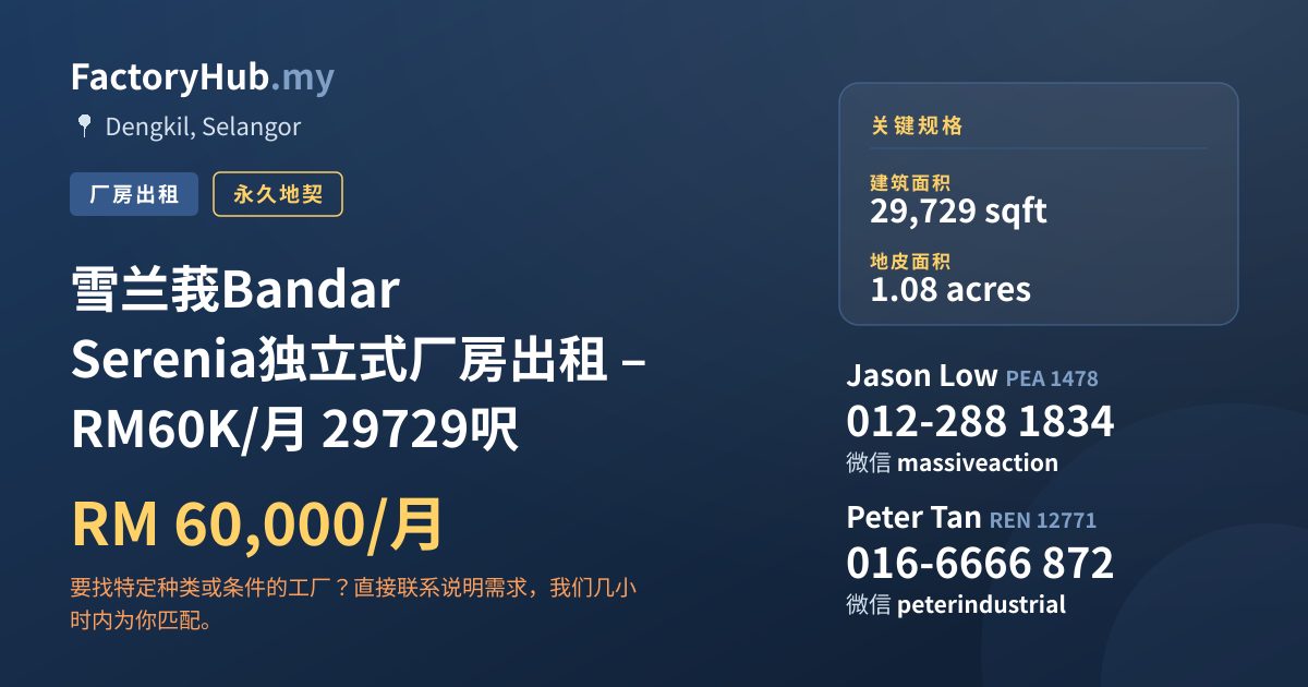 工厂 出租 - 雪兰莪Bandar Serenia独立式厂房出租 – RM60K/月 29729呎 - Dengkil, Selangor
