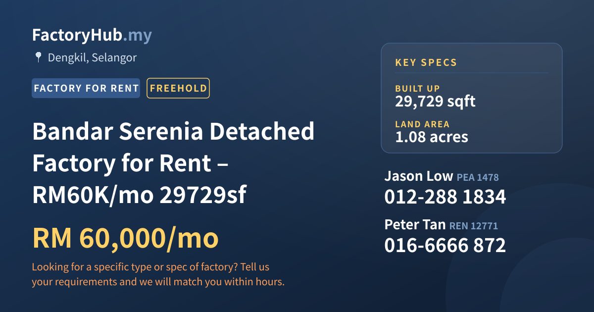 Factory For Rent - Bandar Serenia Detached Factory for Rent – RM60K/mo 29729sf - Dengkil, Selangor