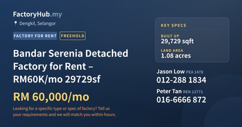 Factory For Rent - Bandar Serenia Detached Factory for Rent – RM60K/mo 29729sf - Dengkil, Selangor