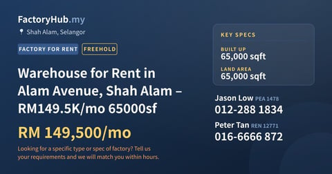 Factory For Rent - Warehouse for Rent in Alam Avenue, Shah Alam – RM149.5K/mo 65000sf - Shah Alam, Selangor