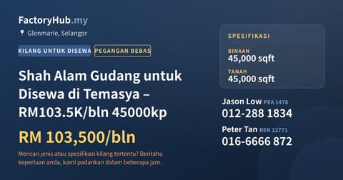 Kilang Untuk Disewa - Shah Alam Gudang untuk Disewa di Temasya – RM103.5K/bln 45000kp - Glenmarie, Selangor