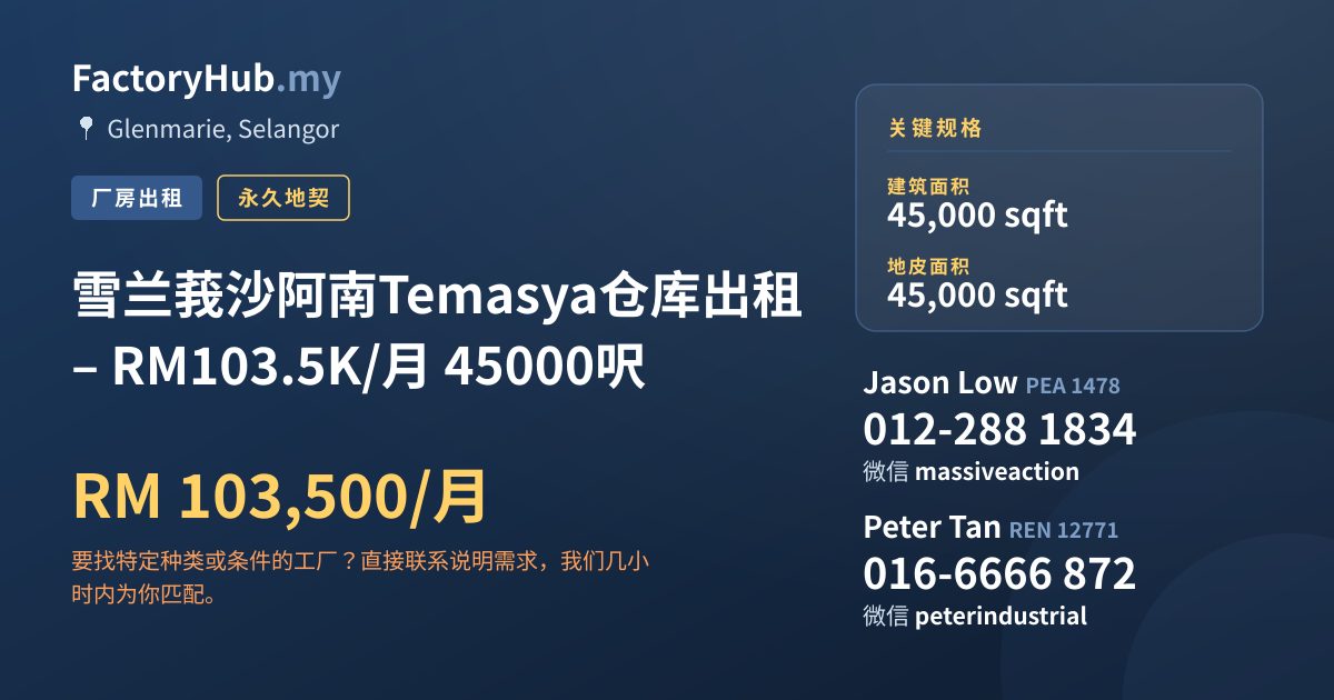 工厂 出租 - 雪兰莪沙阿南Temasya仓库出租 – RM103.5K/月 45000呎 - Glenmarie, Selangor