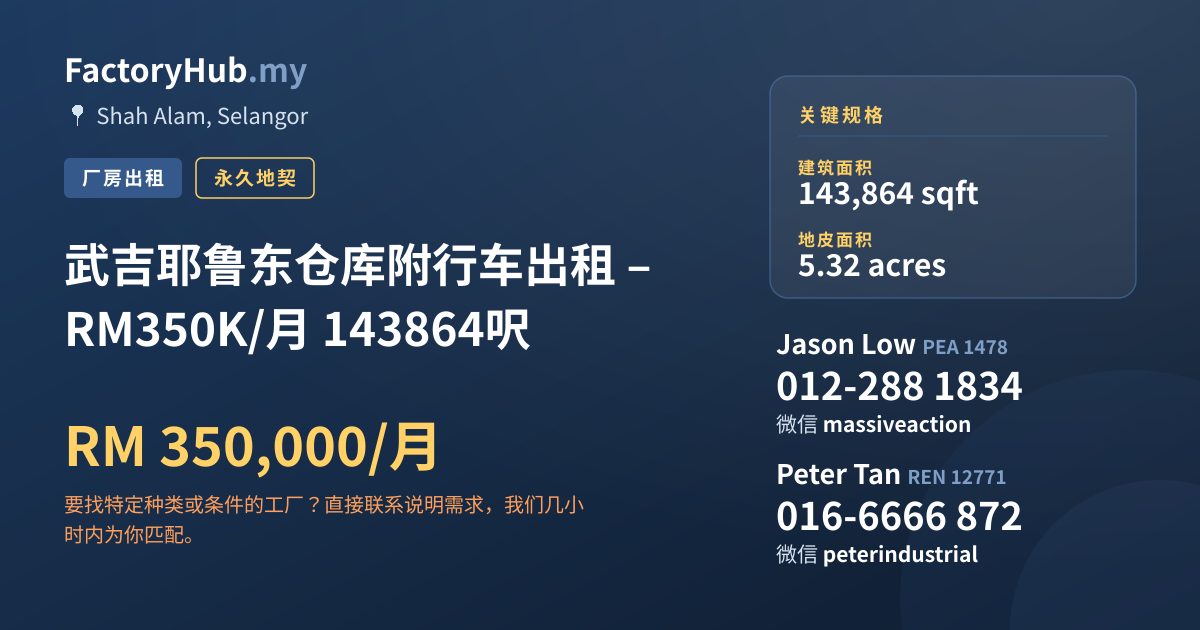 工厂 出租 - 武吉耶鲁东仓库附行车出租 – RM350K/月 143864呎 - Shah Alam, Selangor