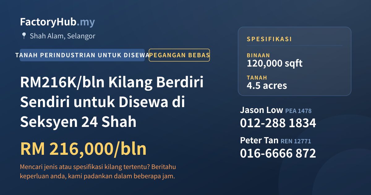 Tanah Untuk Disewa - RM216K/bln Kilang Berdiri Sendiri untuk Disewa di Seksyen 24 Shah - Shah Alam, Selangor