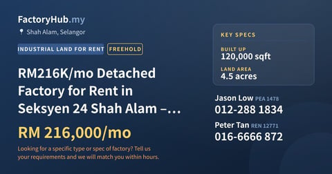 Land For Rent - RM216K/mo Detached Factory for Rent in Seksyen 24 Shah Alam – 120000sf - Shah Alam, Selangor