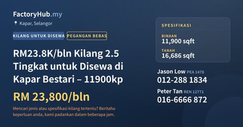 Kilang Untuk Disewa - RM23.8K/bln Kilang 2.5 Tingkat untuk Disewa di Kapar Bestari – 11900kp - Kapar, Selangor