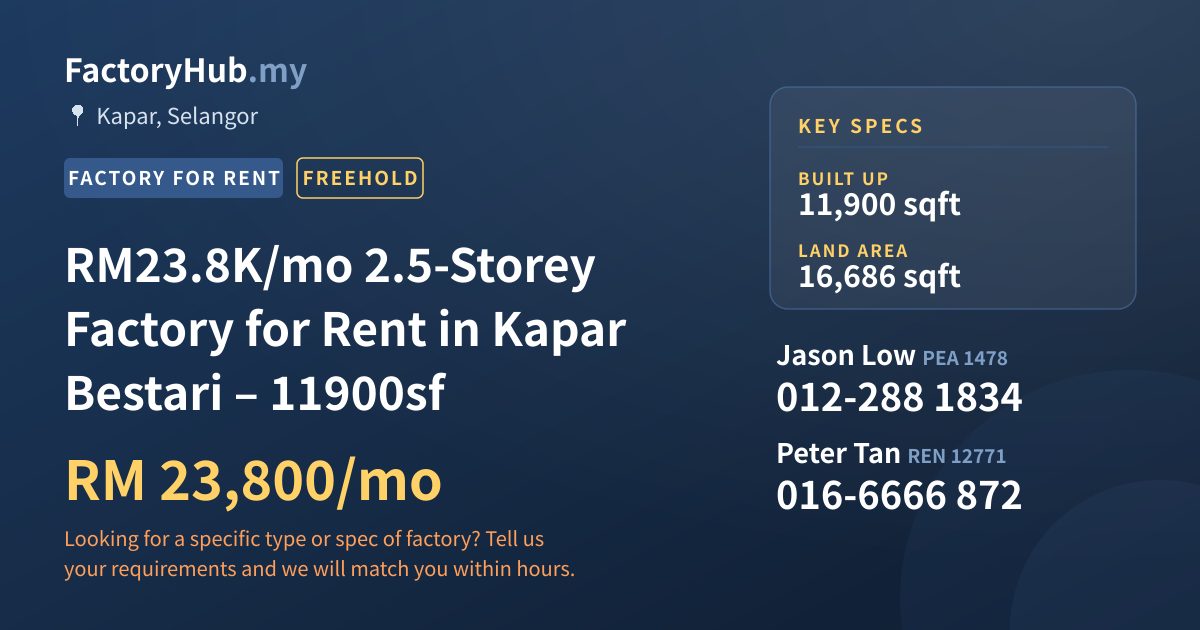 Factory For Rent - RM23.8K/mo 2.5-Storey Factory for Rent in Kapar Bestari – 11900sf - Kapar, Selangor